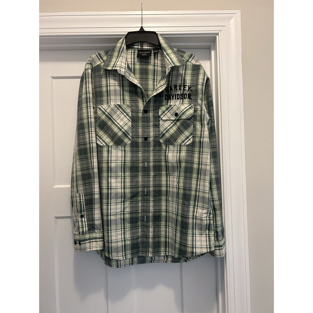 Harley Davidson Men's Size Large Green Plaid Shirt Performance Motorcycle Logo